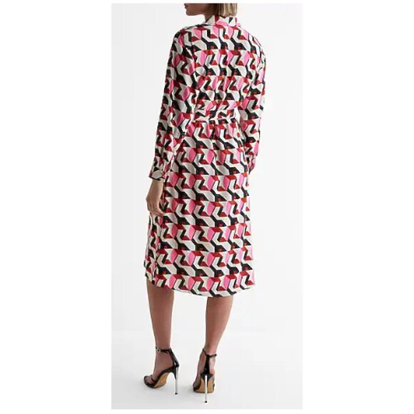 Express Printed Pink Midi Long Sleeve Tie Waist Shirt Dress - Picture 4 of 13
